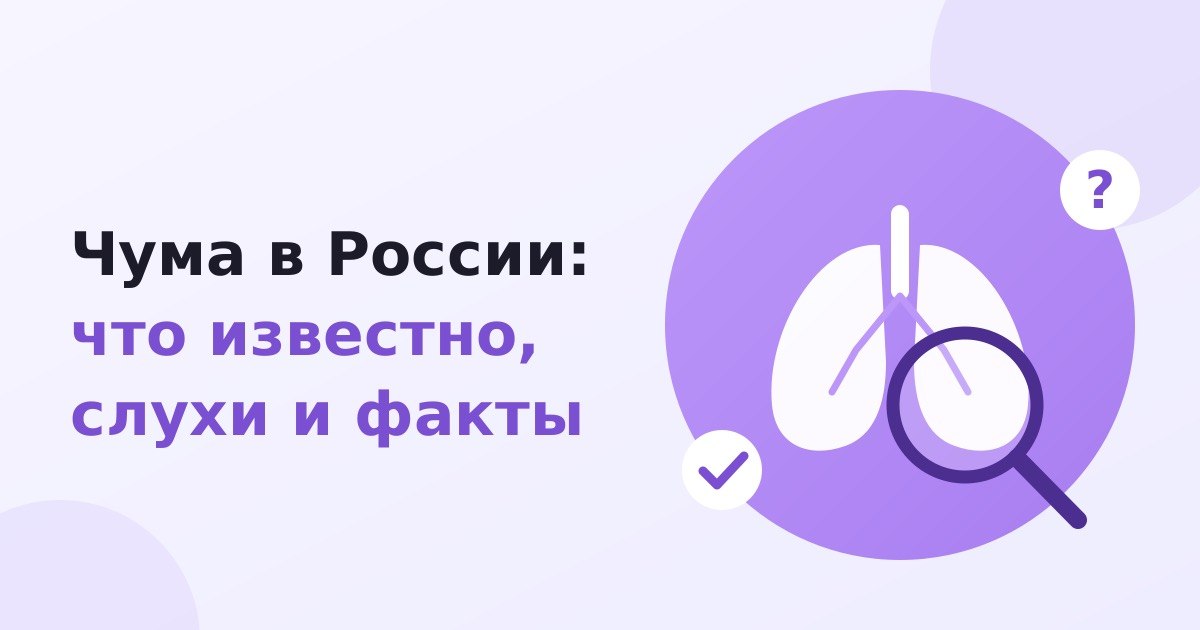 Чума в России: схематичная иллюстрация с лупой над силуэтом лёгких и пометкой «Факты и слухи»